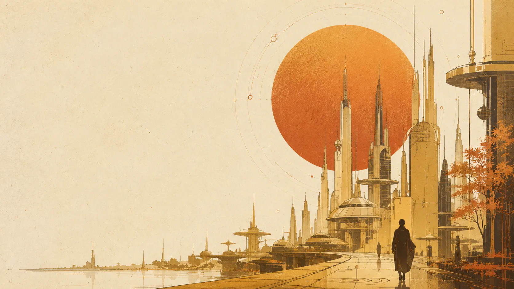 Ilustración retro-futurista de un skyline geométrico dorado bajo un sol enorme, con una figura solitaria caminando hacia las torres.